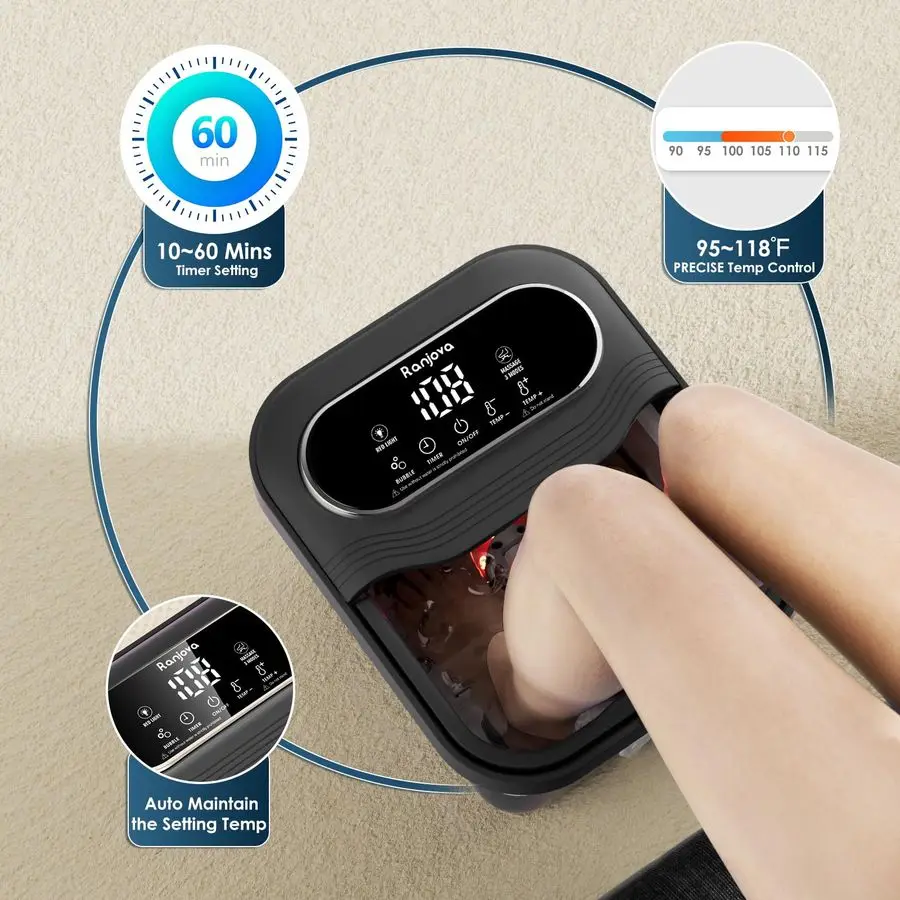 تدليك دوار كهربائي للقدمين، حمام للقدم مع حرارة، فقاعة، تحكم في درجة الحرارة، و24 كرة تدليك شياتسو بمحرك، باديكير فو