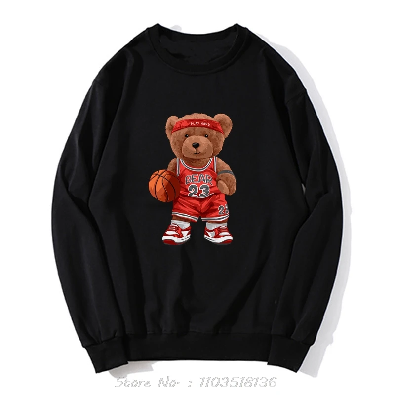 Teddy Bear 23 Love The Game Play Basketball Print Funny Hoodie Men Cotton Clothing Oversized Sweatshirt Hip Hop Streetwear