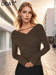 DEAT Fashion Women's T-shirt Slash Neck Slim Fit Long Sleeve Solid Color Off Shoulder Bottom Tops Autumn 2024 New Tide 7AB5062