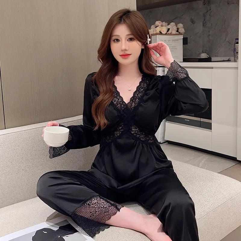 الإناث البلوز السراويل 2 قطعة منامة مجموعة المتسكعون الحلو الدانتيل المرقعة ملابس خاصة طويلة الأكمام بيجامات الحرير الساتان Homewear