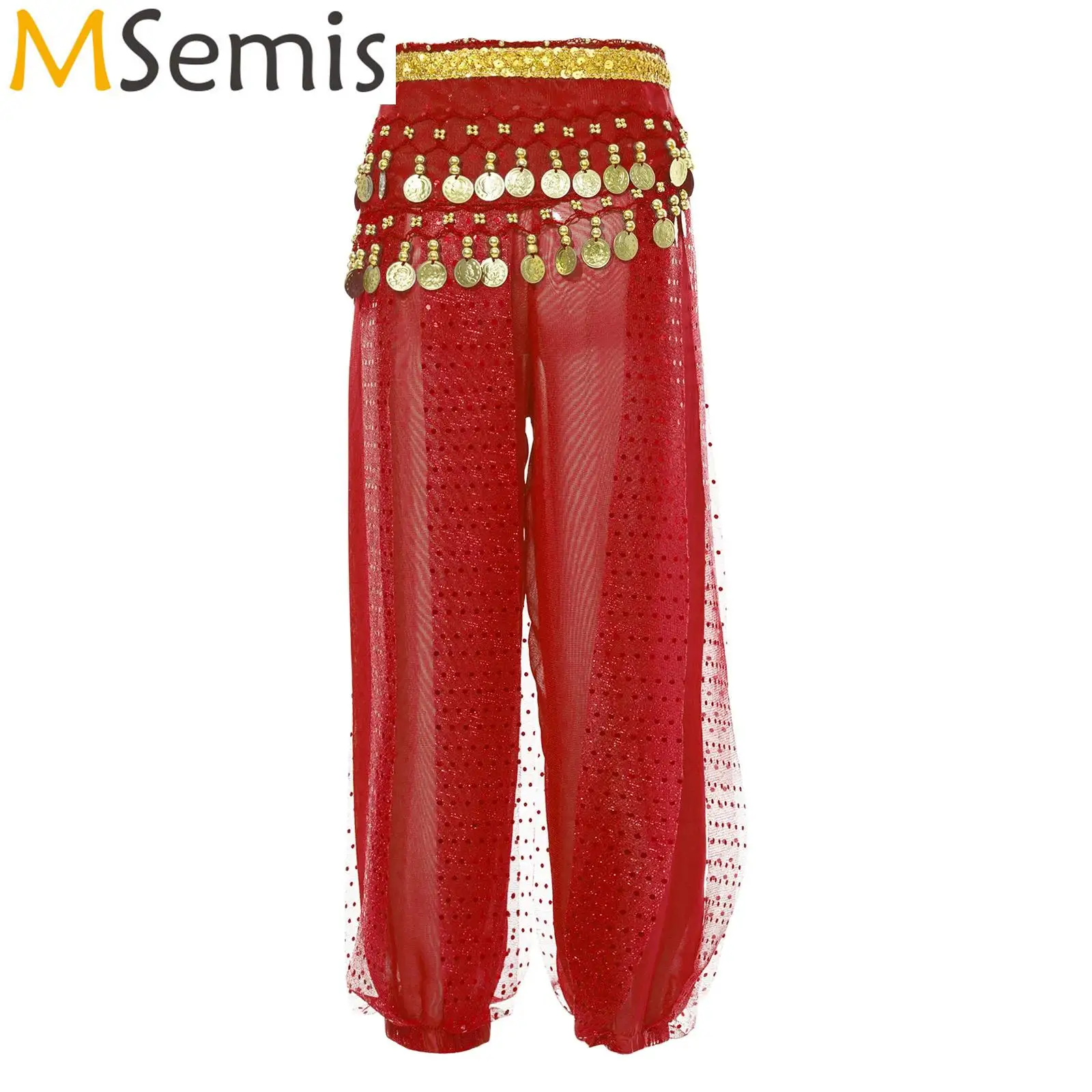 

Kids Girls Belly Dance Performance Pants Sequined Dots Chiffon Trousers Elastic Waistband Bloomers with Beads Coins Hip Scarf