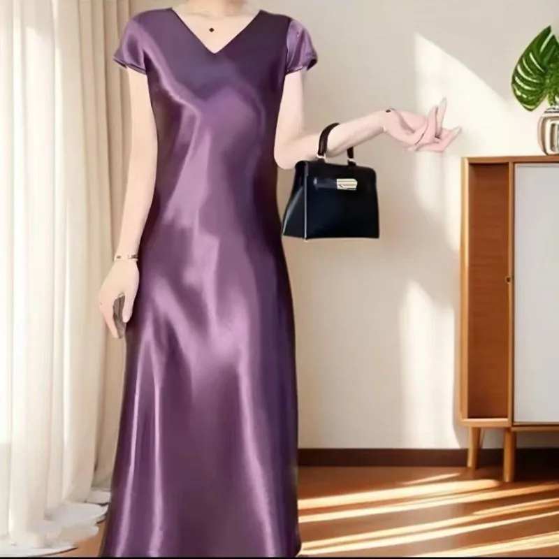 Robe en Satin nacré à manches courtes, robe d'été fine en Satin doré, queue de poisson française