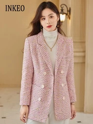 Pink Women tweed Suit Blazer 2023 Fall winter Large size Double breasted Ladies jacket Multicolour Luxury Clothing INKEO 3O100