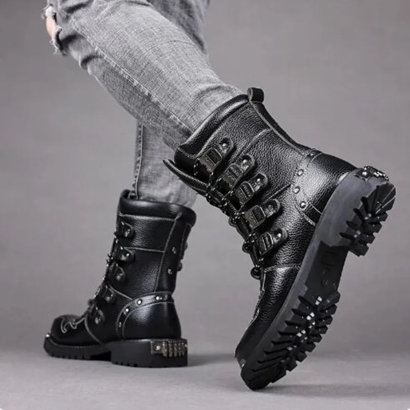 Fashion Men Motorcycle Boots Mid-Calf Punk Rock Punk PU Leather Black High Top Mens Casual Boot Steel Toe Shoes Big Size 38-46 - view 5