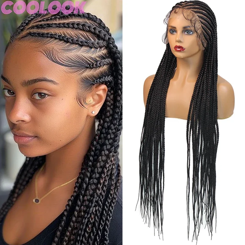 36 "peruca trançada sintética de renda completa cornrow sem nós peruca de trança artesanal para mulheres africanas tranças resistentes ao calor peruca frontal de renda