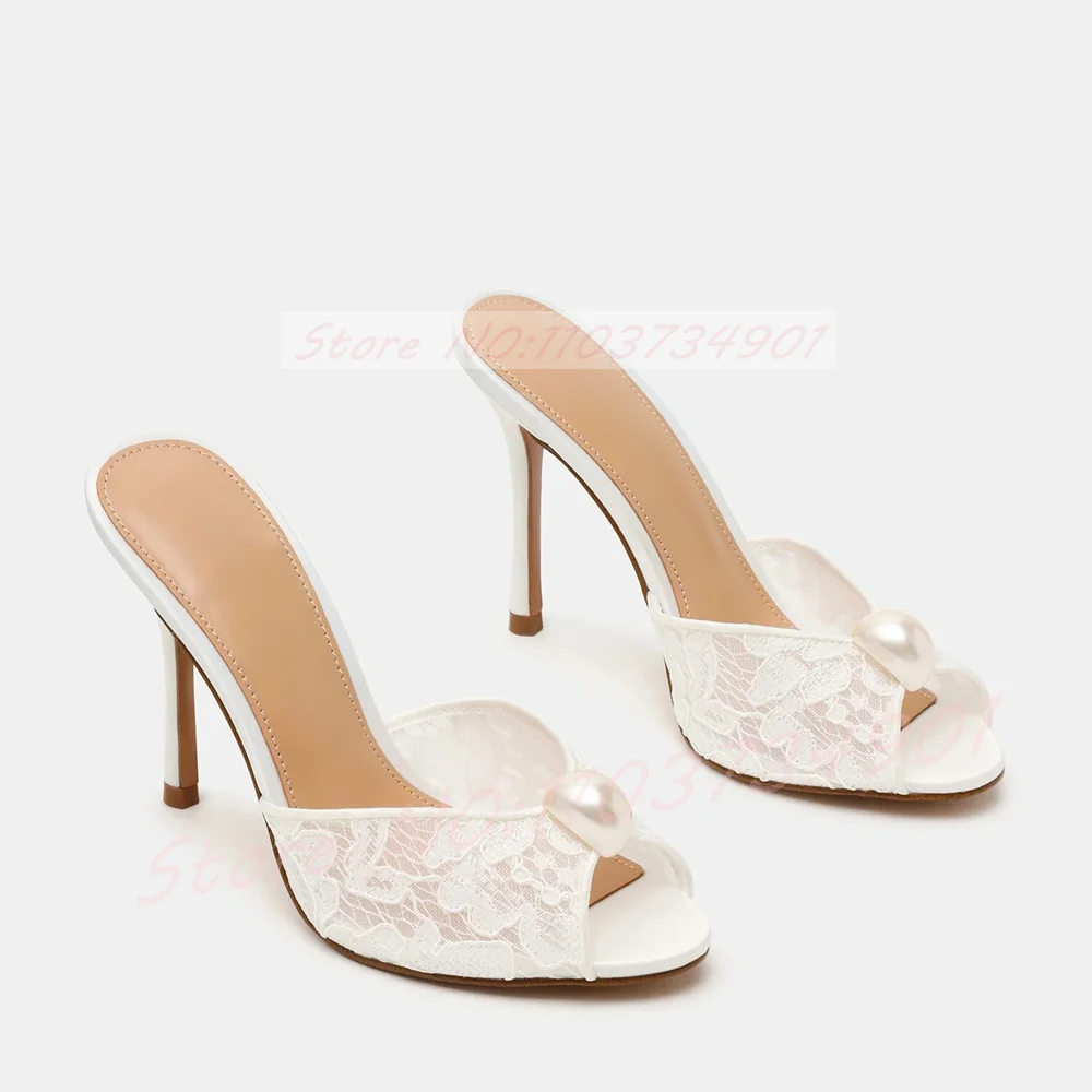 

Pearl White Lace Stiletto Mules Women Wedding Peep Toe Satin Mule Sandals Party Sexy Retro High Heel Shoes