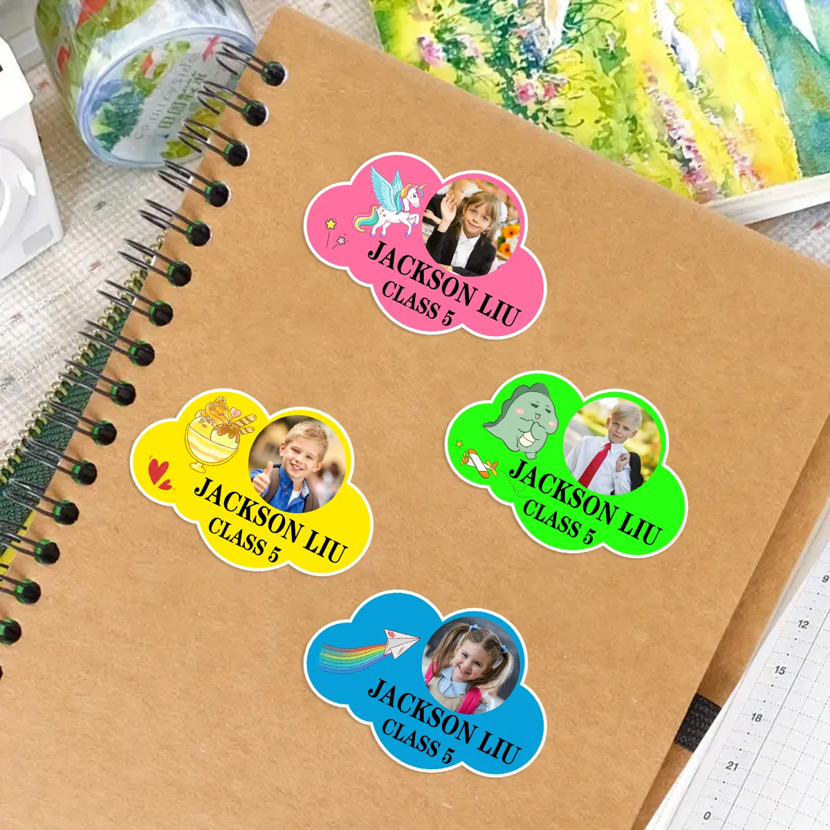 Customized children\'s photo name stickers, personalized cloud-shaped primary school kindergarten label stickers,waterproof ZP1