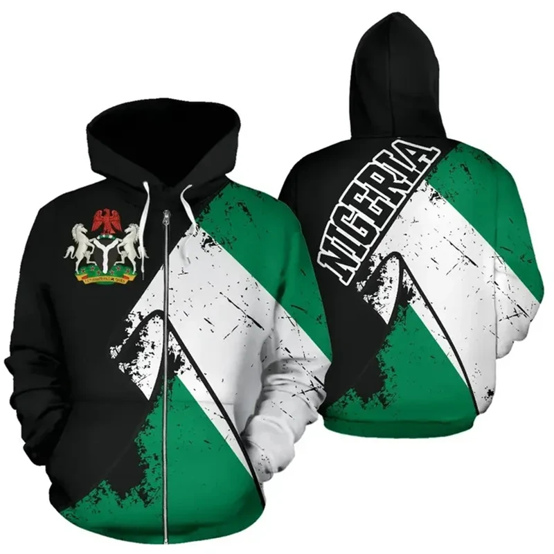 Nigeria Flag Map Hooded Sweatshirts NGA National Emblem Zip Up Hoodie For Men Clothing Casual Male Daily Sports Boys Pullovers