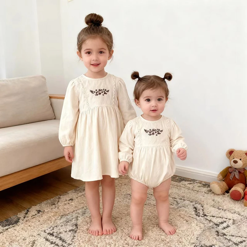 

Весеннее праздничное платье для маленьких девочек от 2 до 6 лет, детский комбинезон, осенний хлопковый комбинезон с длинными рукавами и вышивкой, детские платья принцессы, платье для сестры
