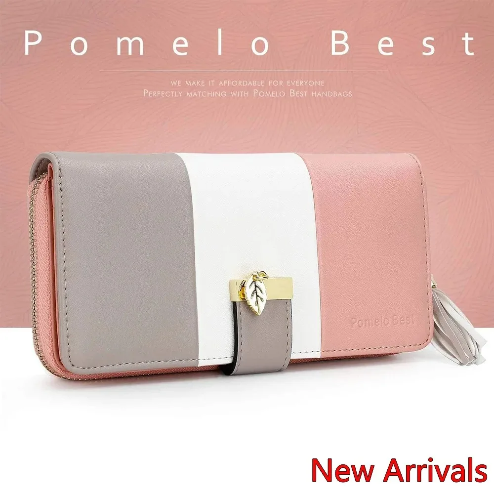 Pomelo Best Tri‑Color Women's Wallet PU Leather Long Zipper RFID Blocking Large Capacity 9 Card Slots Tassel Pendant Fits Phone