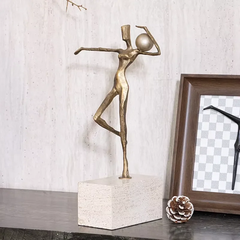 Modern Abstract Metal Figure Sculpture with Natural Travertine Luxury Bronze Finish Artistic Statuettes for Home Hotel Decor