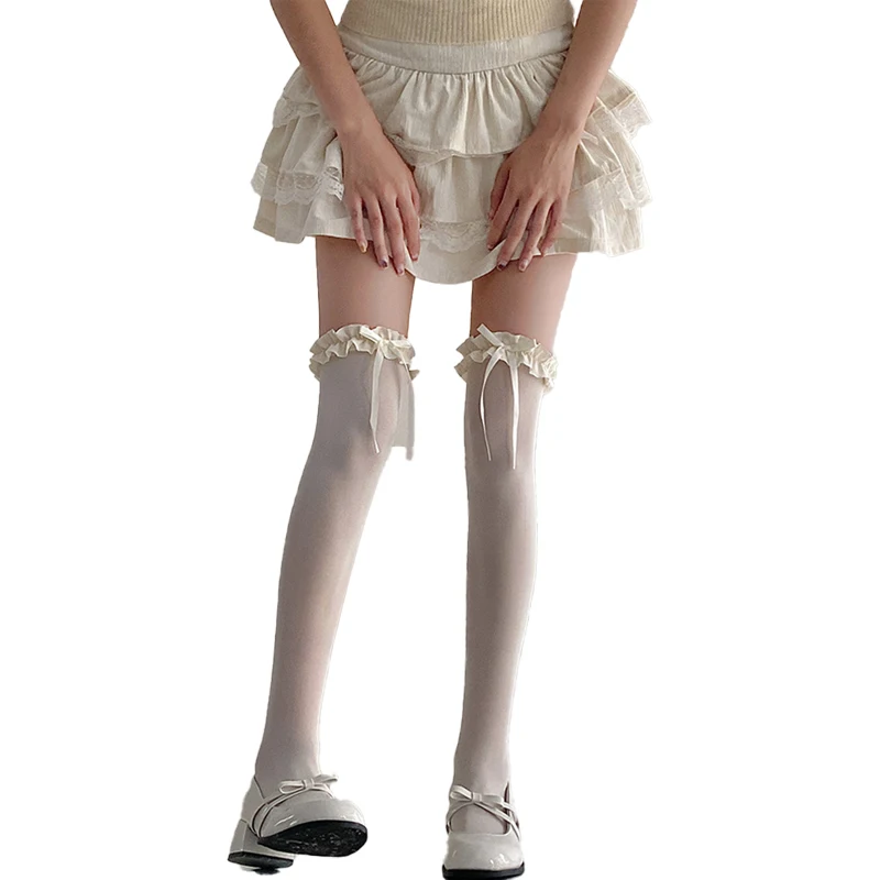 1 Para Długich Skarpetek Damskich w Stylu Baletowym Lolita Jk z Koronkową Kokardką Letnie Cienkie Oddychające Miękkie Wygodne Podkolanówki