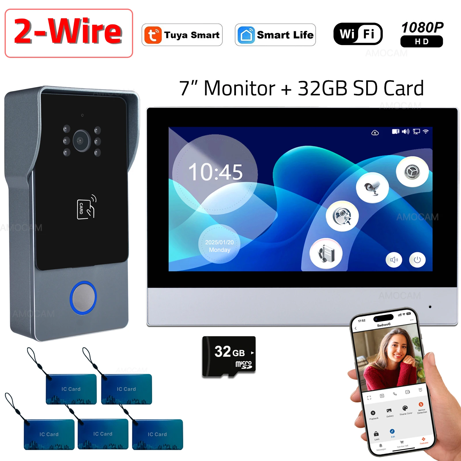 Système d'interphone vidéo intelligent Wi-Fi 1080P à 2 fils pour maison connectée, compatible Tuya, 