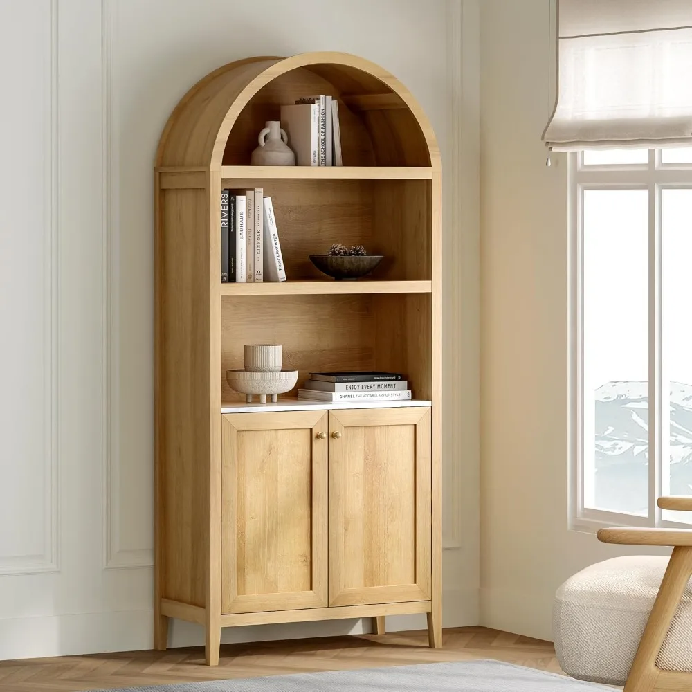 

71 inch high arched cabinets, 5 tiers of bookcase storage display case, doors, shelves, modern bookshelf kitchen pantry