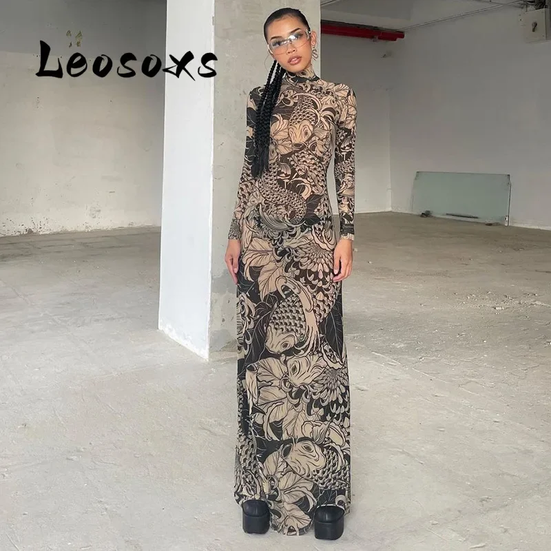 

Leosoxs Mesh Print Women Maxi Dress Turtleneck Full Sleeve Bodycon Autumn Trendy Hipsters High Street Party Y2K Attirewear