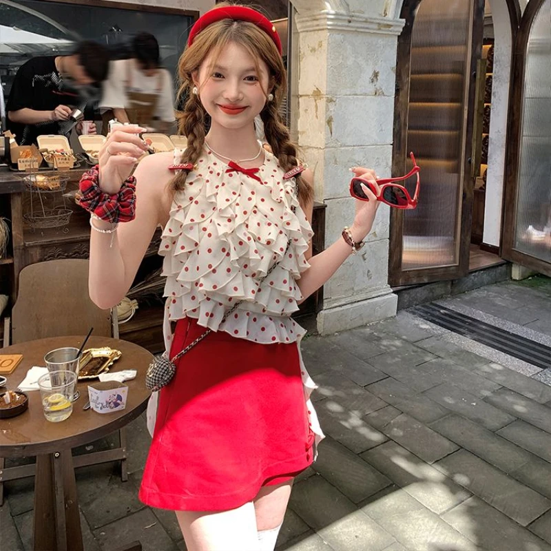 

Bow Ruffled Polka-dot Vest Top 2025 Women's Summer High Waist Skirt Niche Retro Fashion Suit