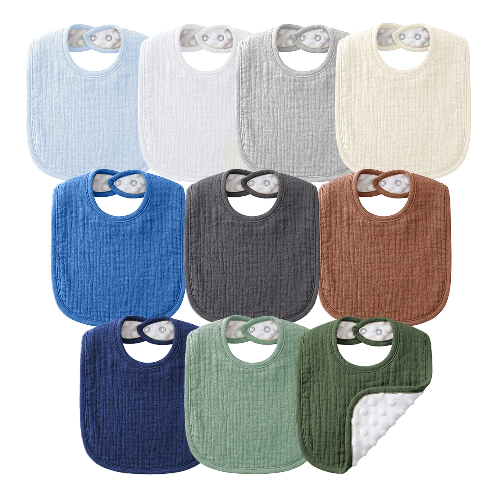 10 Pack Baby Muslin Drool Bibs - 2-Layer Cotton Gauze with Soft Crystal Minky Dot Backing, U-Shaped Ultra Absorbent Pockets,