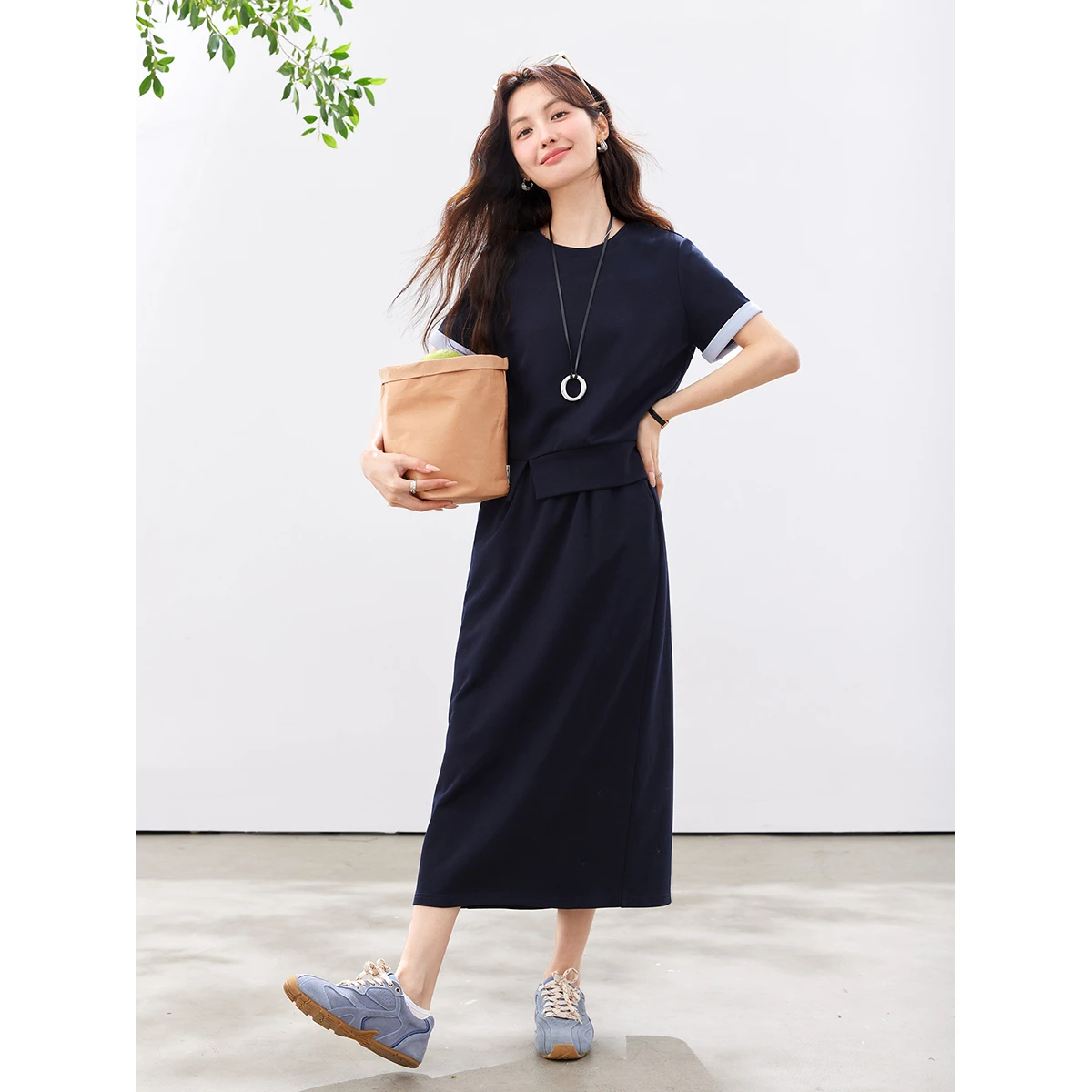 VIMLY Navy Casual Office Women's Suit 2026 Summer Contrast Folded Cuff Short Sleeve Tee Elastic Waist Straight Skirt Sets A6390 image 5