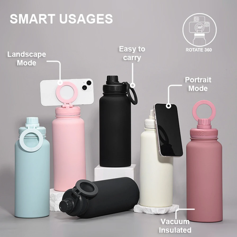 Double Vacuum Insulated Bottle Lid with Rotating Phone Holder Leak Proof Insulated Bottle Lid Thermal Water Cup Lid for MagSafe