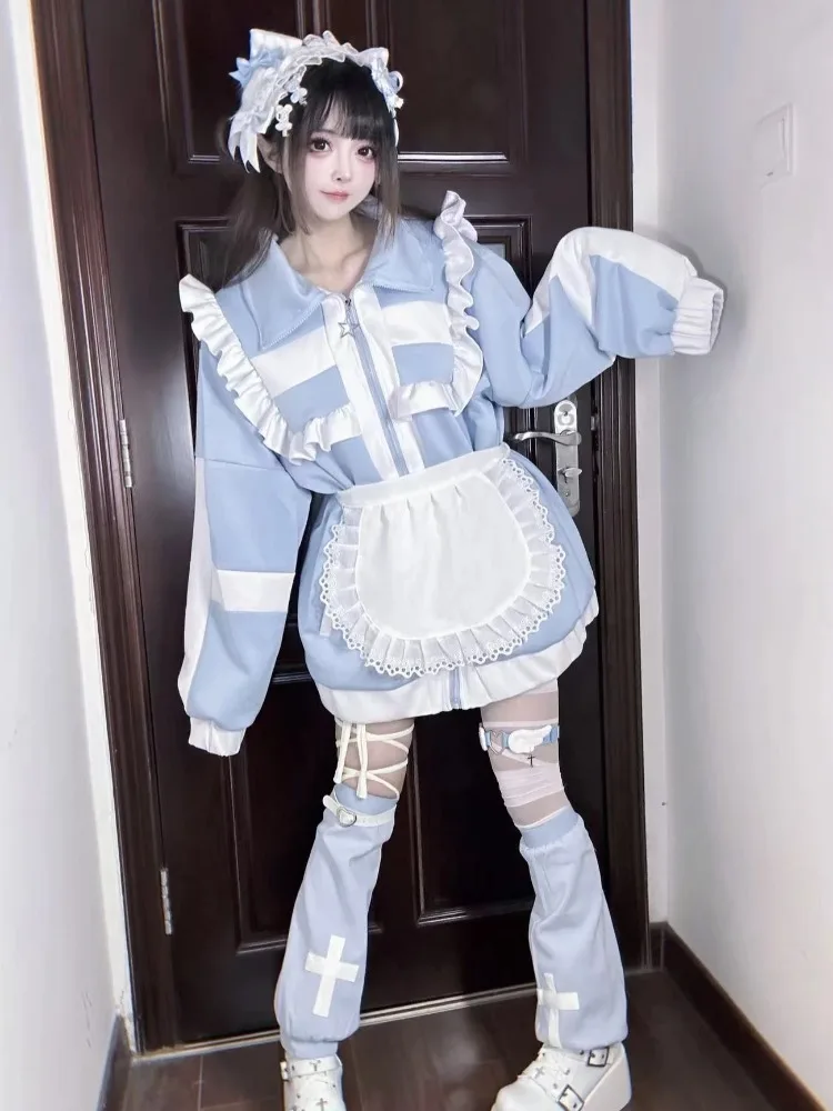 Harajuku Lolita Ruffles Patchwork Casual Jacket Women Oversized Long Sleeve Outerwear Japanese Y2K Casual Fashion Tops Coat