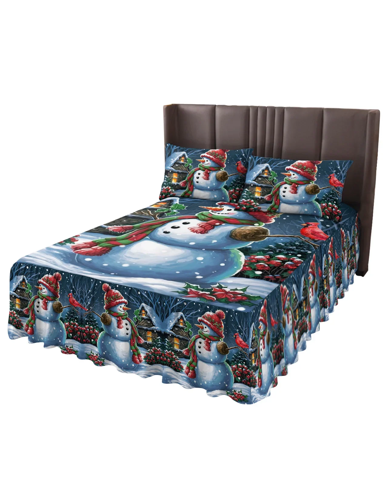 Christmas Snowman Bird House Bed Skirt Elastic Fitted Bedspread With Pillowcases Mattress Cover Bedding Set Bed Sheet