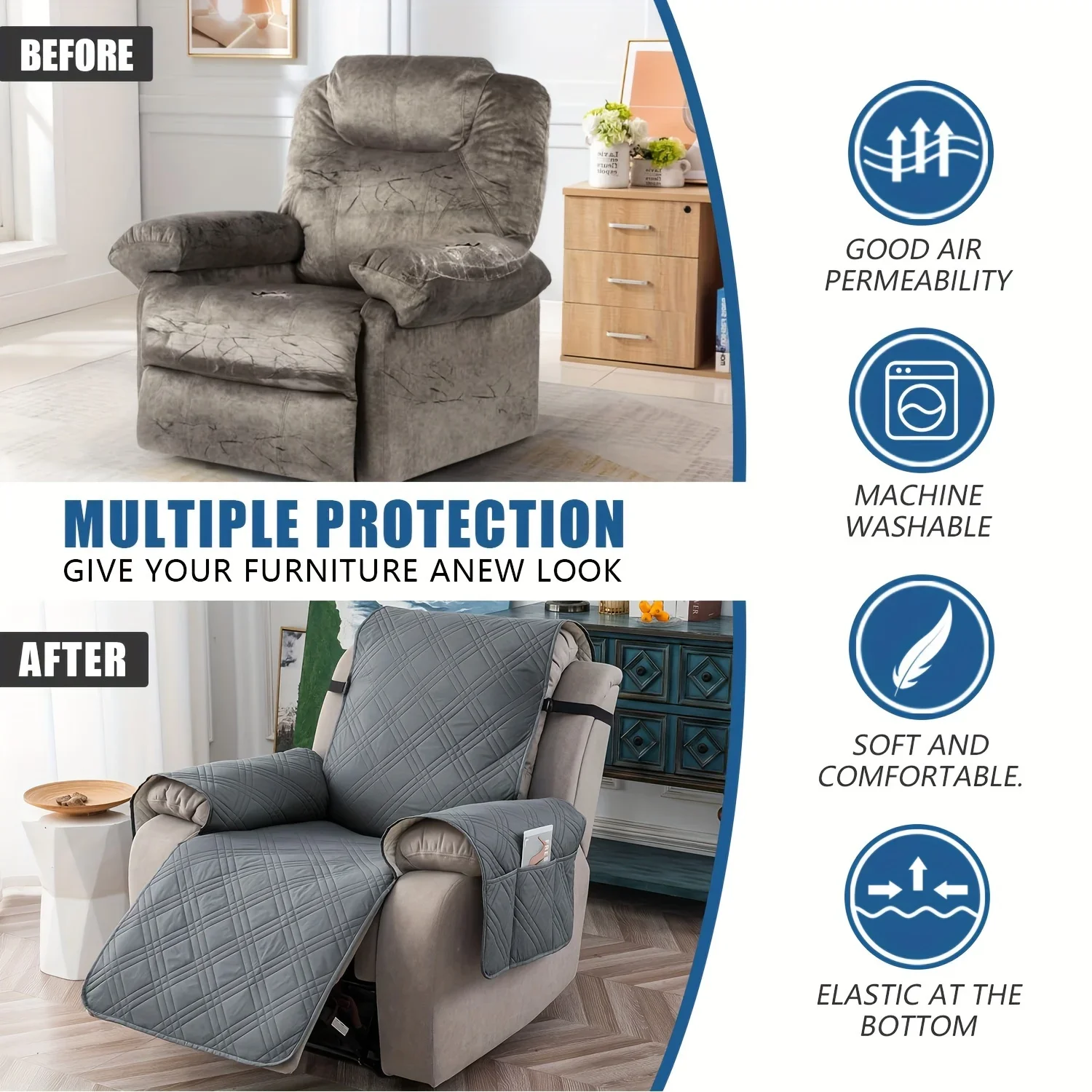 1Seat Non Slip Armchair Slipcovers for Recliner Chair Waterproof Recliner Chair Cover with Pocket Washable Reclining Chair Cover view 6