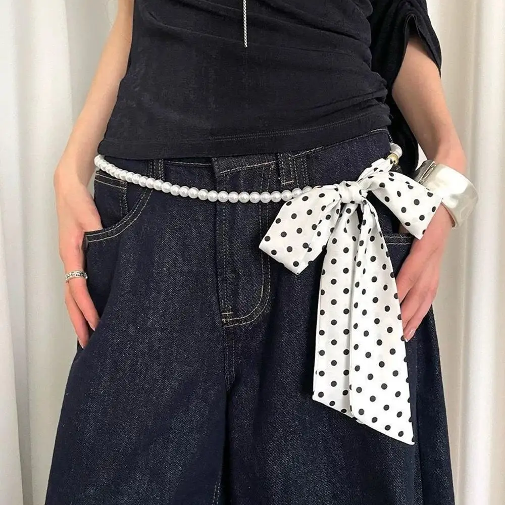 

New Women Pearl Splicing Scarf Elegant Ladies Hair Scarf Neck Hair Band Bag Ribbon Strap Polka Dot Scarves Retro Long Waist Belt