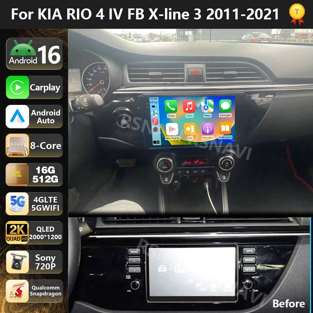 Radio Multimedia para Auto con Qualcomm Android 16 para KIA RIO 4 IV FB X-line 3 2011-2018 2020-2021, Carplay, Estéreo para Auto, GPS, BT