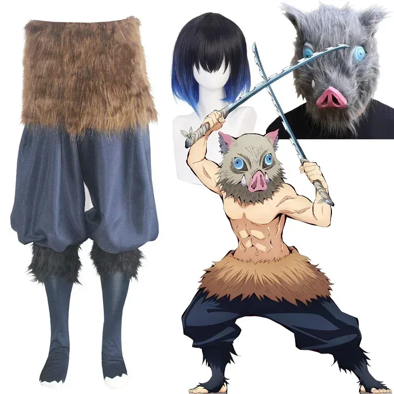 Hashibira Disfraz de Cosplay Anime Kimetsu No Yaiba Inosuke Uniforme Peluca Máscara Halloween