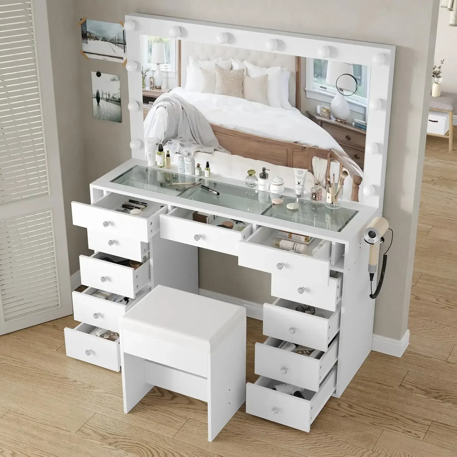 Vanity Desk & Power Outl, Makeup Vanity with Mirror and 12 LED Lights, Makeup Table with 11 Drawers, Vanity Table with Chair