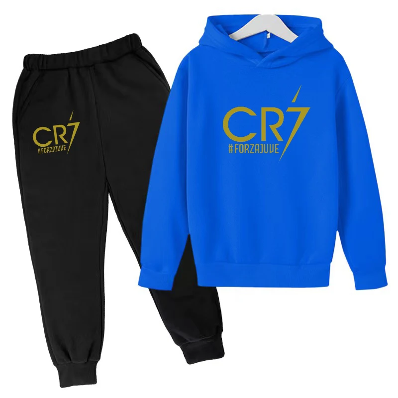 Children 3-12 Years Old Hoodie Football CR7 Print Boys Sweatshirt Girls Toddler Sports Coat Top + Trousers 2P Stylish Casual Set