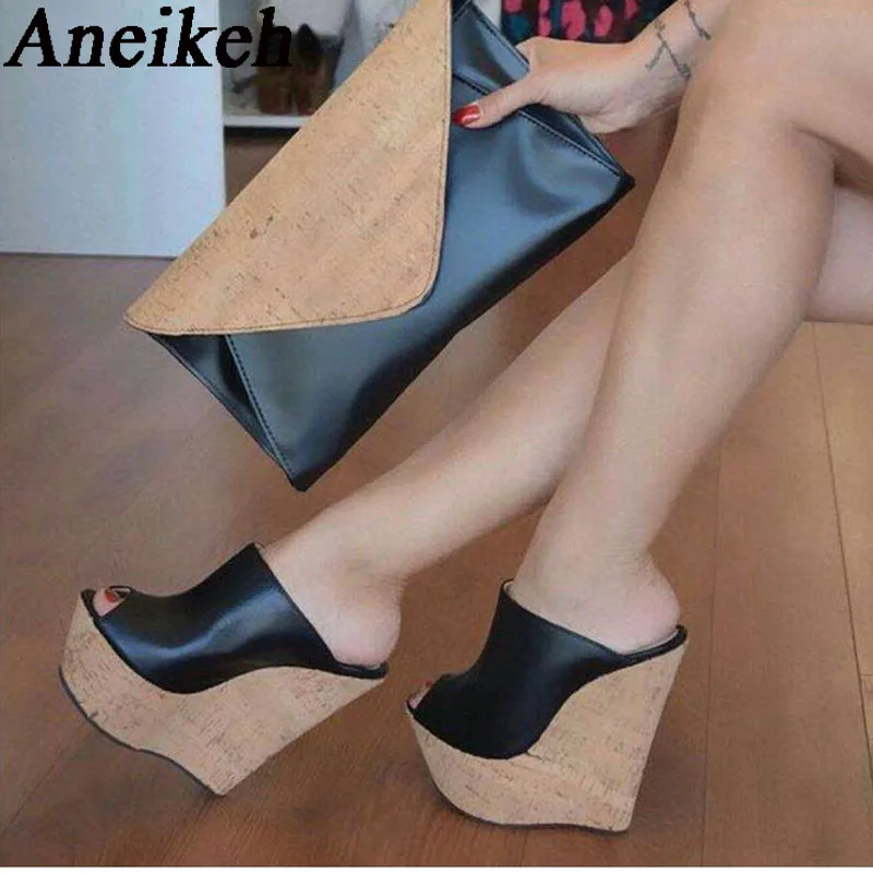 Aneikeh czarne sandały na koturnie kapcie 2025 moda letnia Peep Toe bardzo wysokie seksowne sandały muły zapatillas mujer
