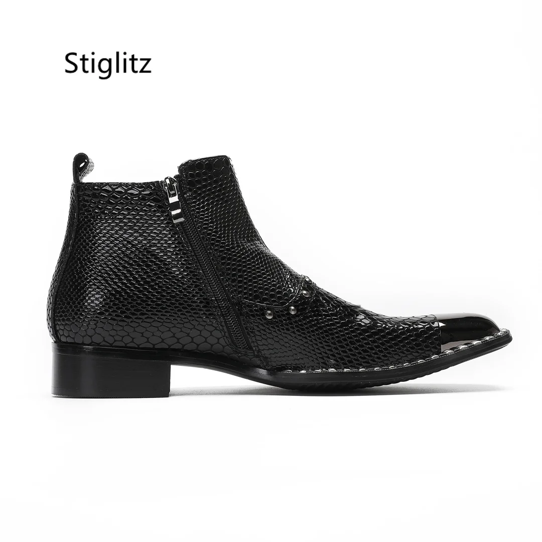 Alligator Pattern Men's Boots Genuine Leather Black Wine Red Ankle Boots Rivet Belt Buckle Metal Squate Toe Dress Wedding Shoes