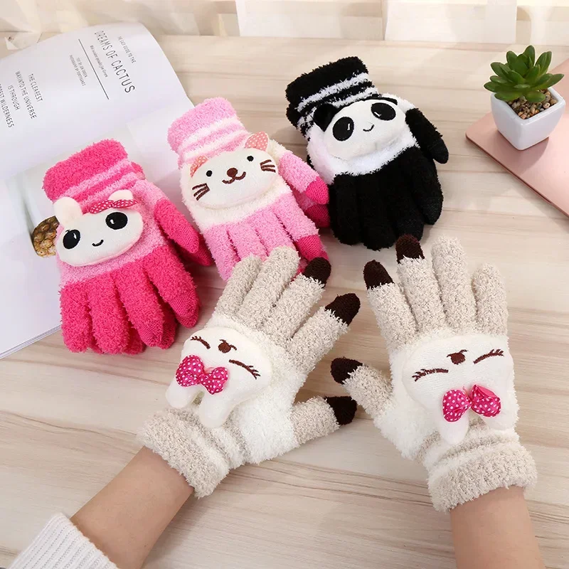 

Kids Cute Cartoon Panda Cat Fleece Gloves Winter Knit Gloves Boys Girls Soft Warm Mittens Gift Velvet Thick Children Guantes