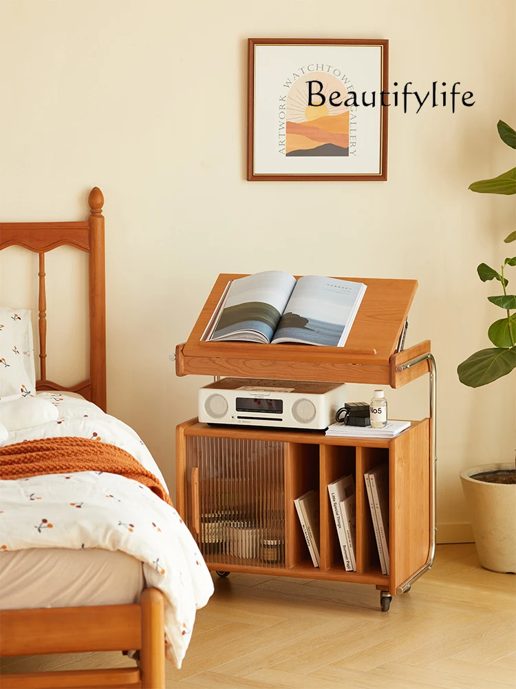 Solid wood sofa side cabinet storage cabinet trolley bookshelf bedroom retro edge few removable magazine cabinet