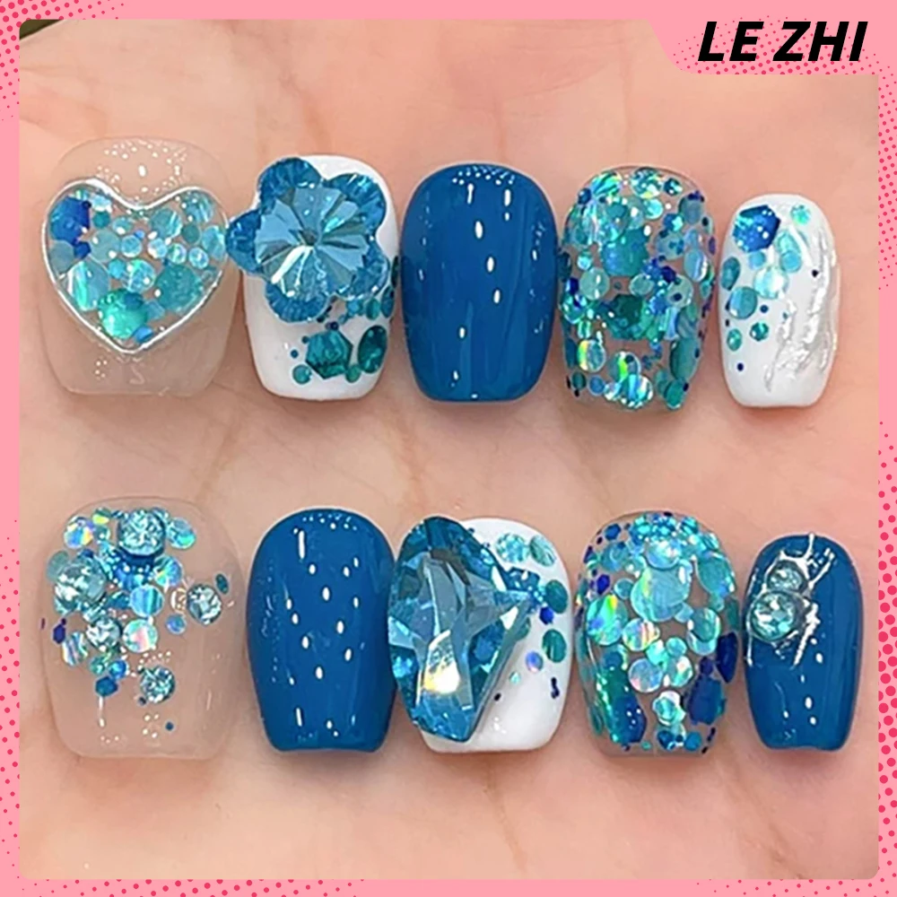 10Pcs Light Luxury Short Square Round Handmade Press On Nail Fashion Glitter Diamond Butterfly Bow Pearl False Nails Gift