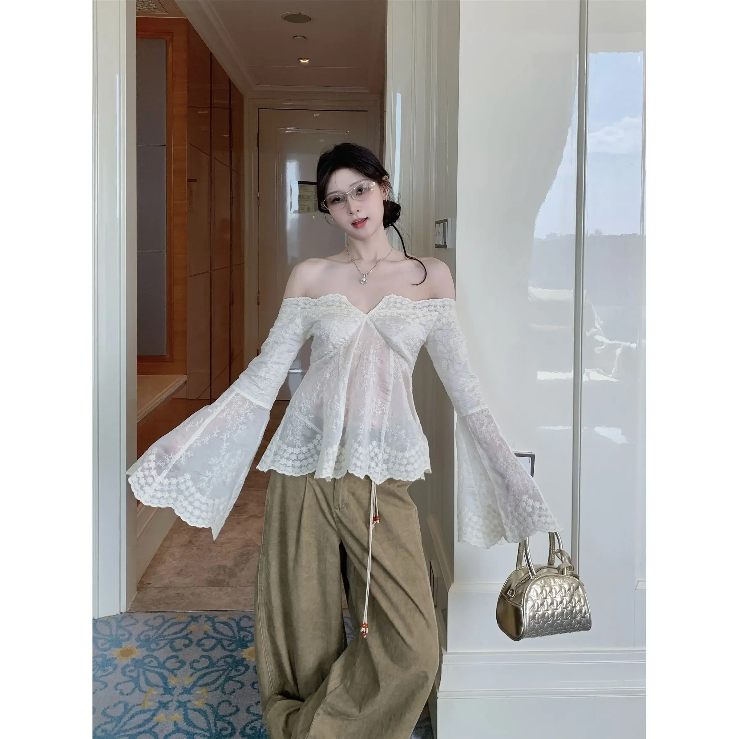

Gagaok Blouses Women Off Shoulder Slash Neck White Shirt Gentle Embroidery Slimming Thin Shirts 2025 Summer Elegant Blusas