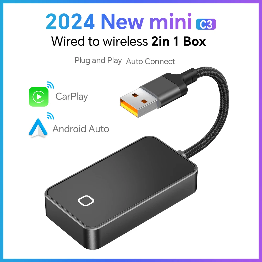 Mini C3 Wireless CarPlay Android Auto Adapter 2 in 1 Compatible with Original Wired CarPlay And Android Auto Vehicles