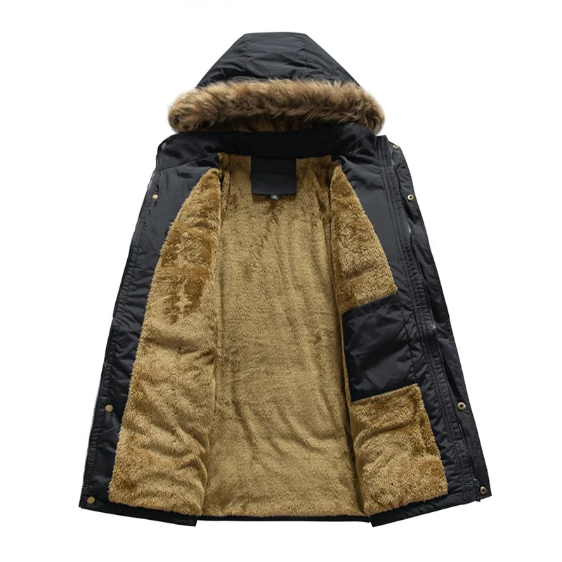 Men's Winter Cotton-Padded Jacket Thickened Fleece Cold-Proof Hooded Mid-Length Coat Warm Outerwear