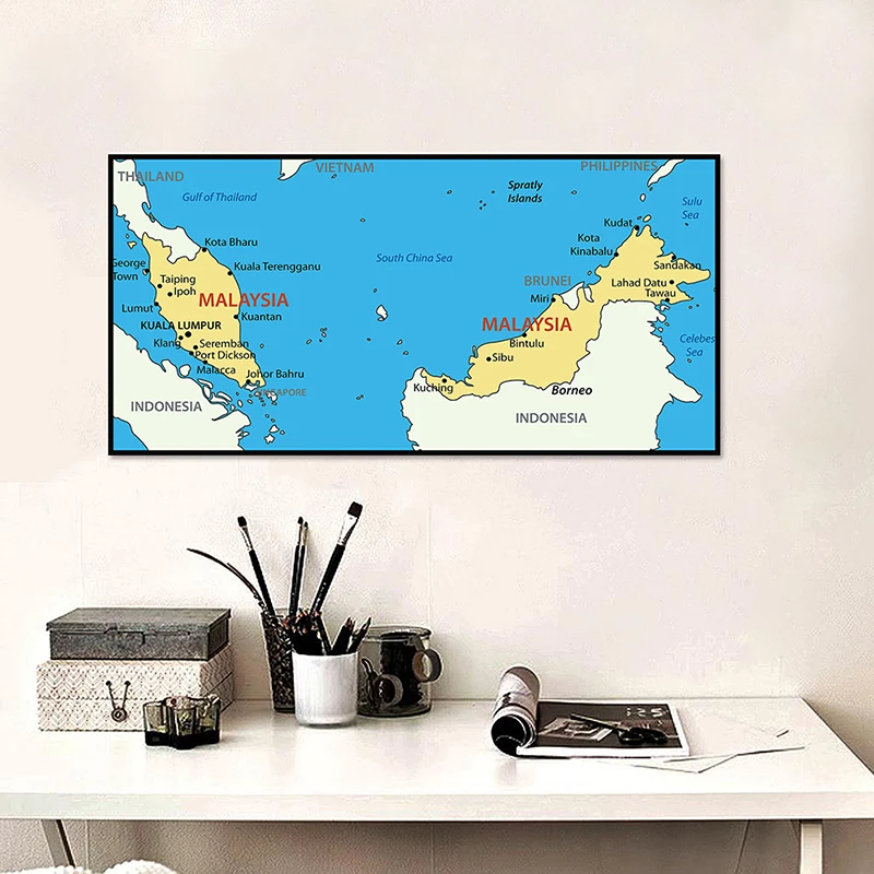 120*60cm mapa administracyjna Malezji włóknina płótno malarstwo ścienne dekoracyjny plakat i druk Home Decor przybory szkolne