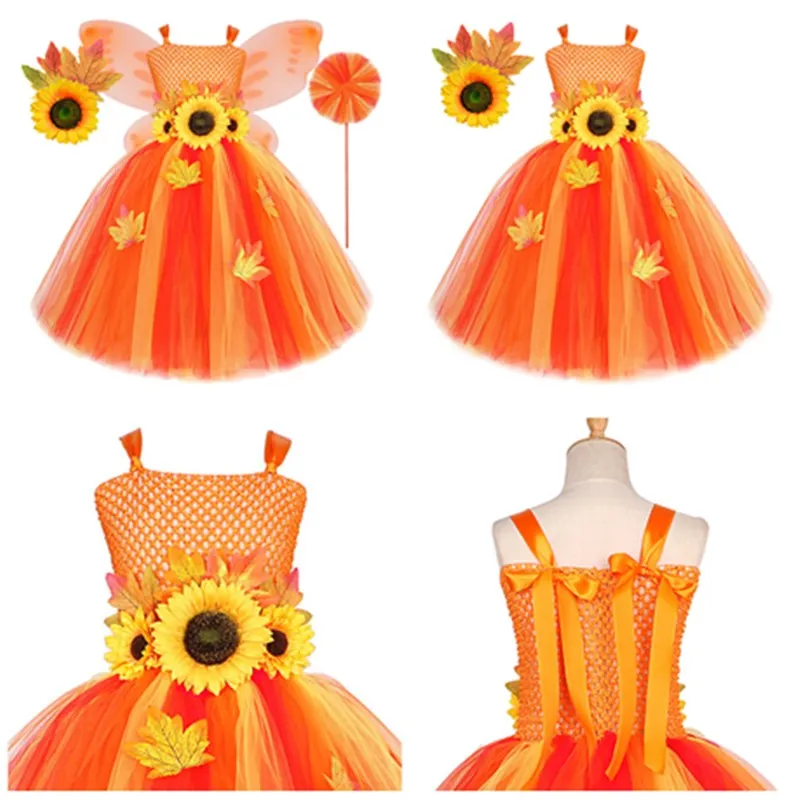 Children Sunflower Princess Cosplay Costume Kids Girls TUTU Dress Headband Wing Outfits Halloween Carnival Party Suit