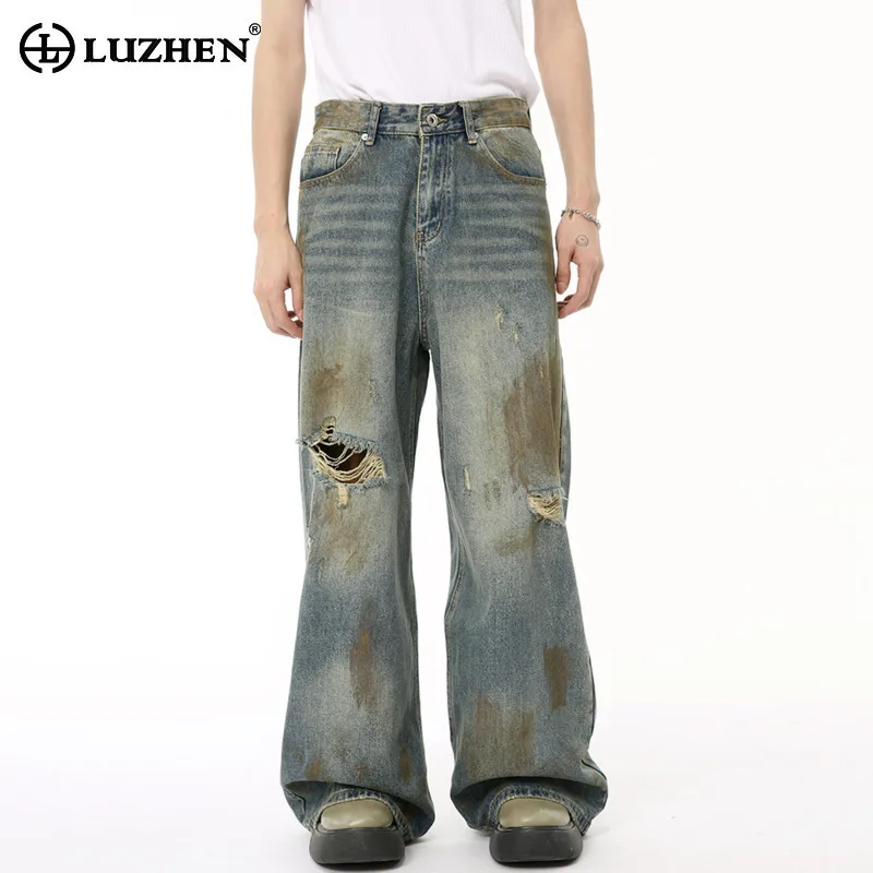 LUZHEN Personalized Fashion Hollow Wornout Design Straight Jeans Trendy Street Wear High Quality Men Wide Leg Denim Pants LZ4496