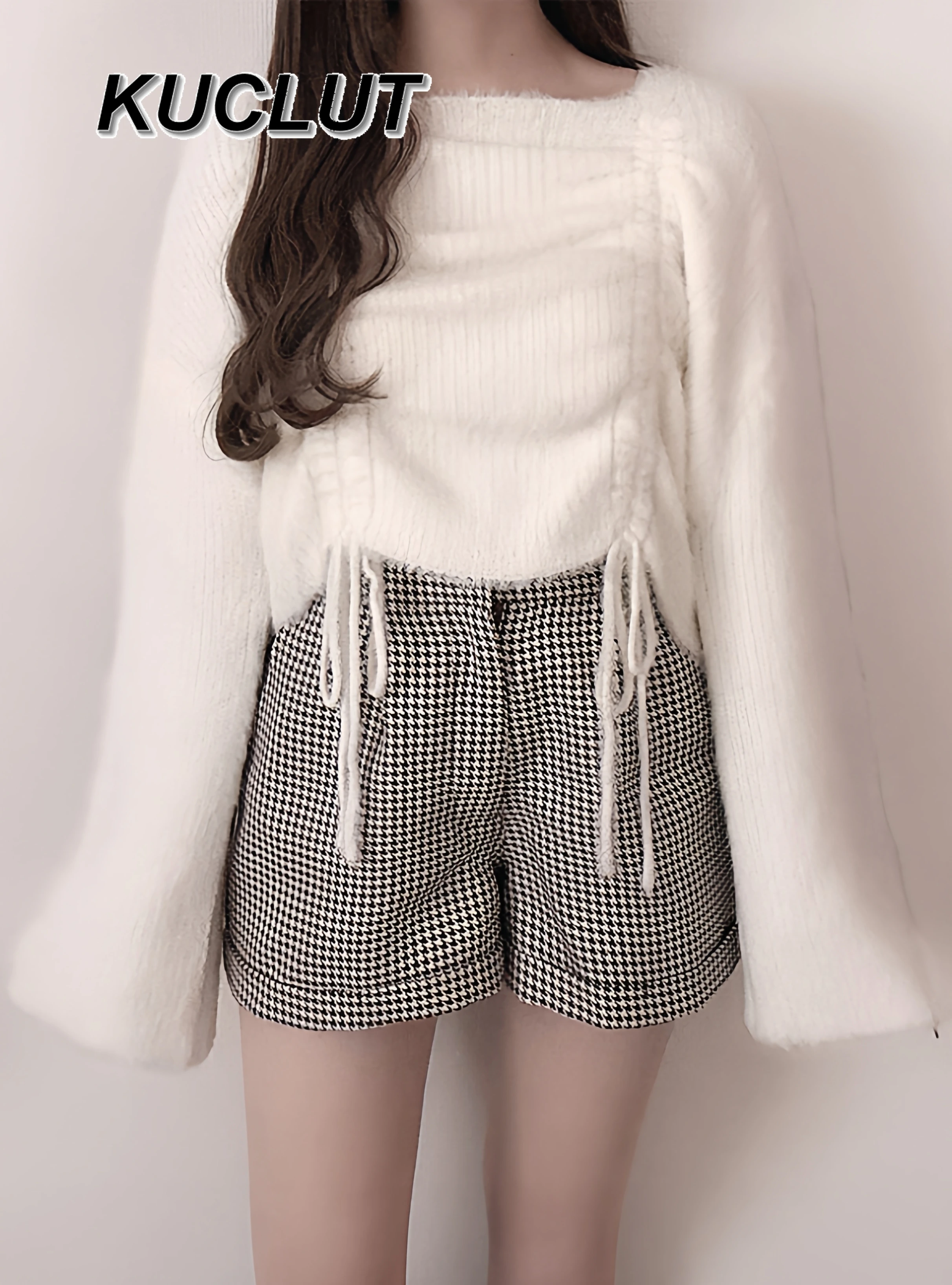 

Новый милый и милый пуловер в японском стиле, универсальный однотонный плюшевый вязаный топ с завязками на шнурке и квадратным вырезом