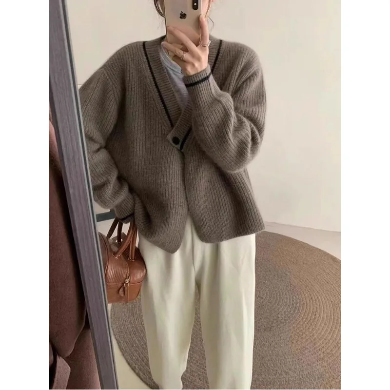 Cárdigan de punto de Color contrastante con cuello en V Retro francés para mujer, Top corto holgado de otoño e invierno