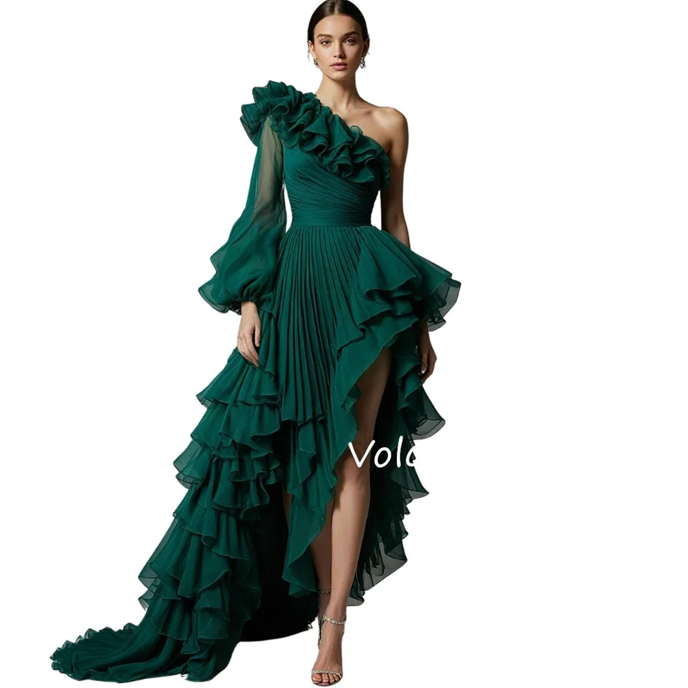 Customized Chiffon Ruched Pleat Asymmetrical One-shoulder Long Dresses Bespoke Occasion Prom Party Simple Exquisite