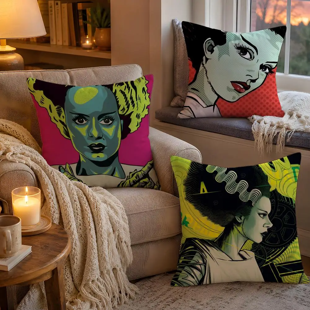 Horrible Bride of F-Frankenstein Pillow Case Soft Plush Cushion Cover Double Print and Invisible Zipper for Sofa Home Car Use
