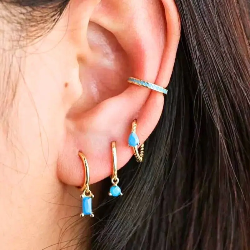 925 Sterling Silver Needle Blue Turquoise Stud Earrings for Women Luxury Blue Crystal Pendant Gold Earrings Fashion Jewelry view 2