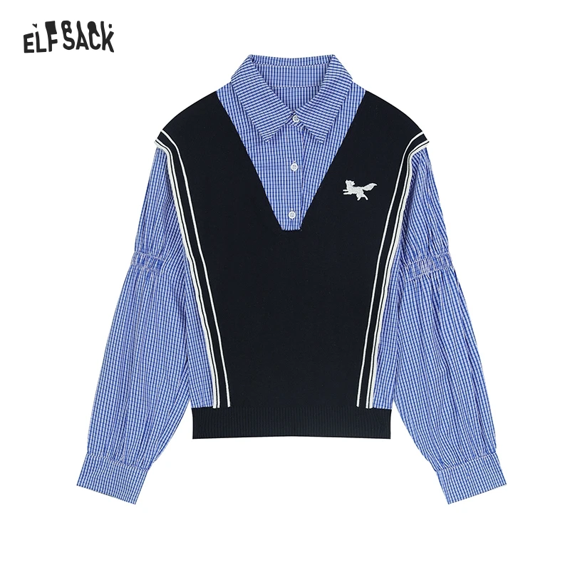 ELFSACK 2024 Autumn New Arrive Blue and black color matching college style shirt stitching slim fit long sleeve sweater for wome