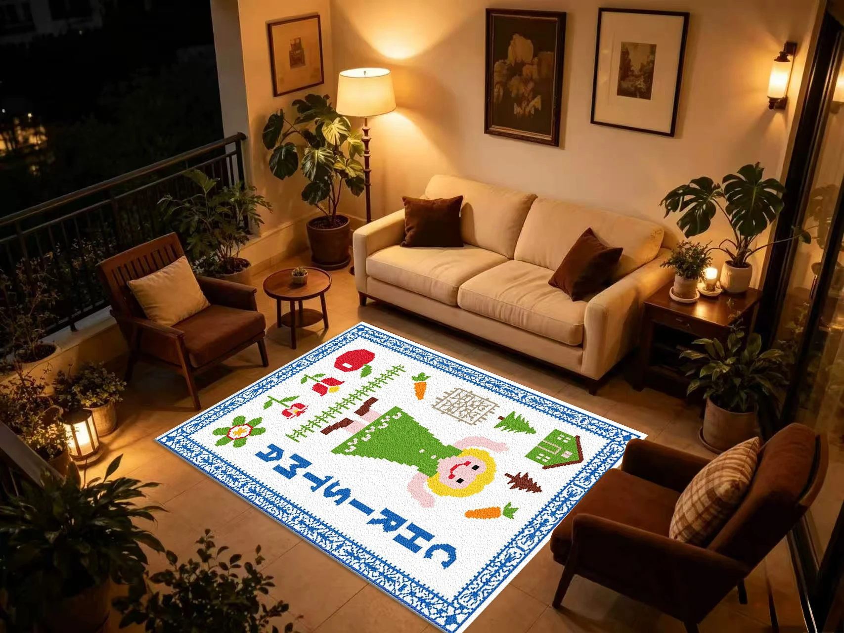Retro Pixel Farm Element Art Carpet Flooring Cross-Stitch Style Printed Floor Mat for Household Lounge Room Ornament