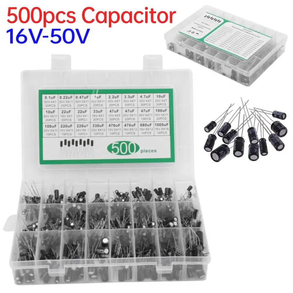 500Pcs 24 Values 16-50V 0.1-1000uF Electrolytic Capacitor Assortment Kit Metal Electrolytic Capacitors Low Voltage Capacitor Kit